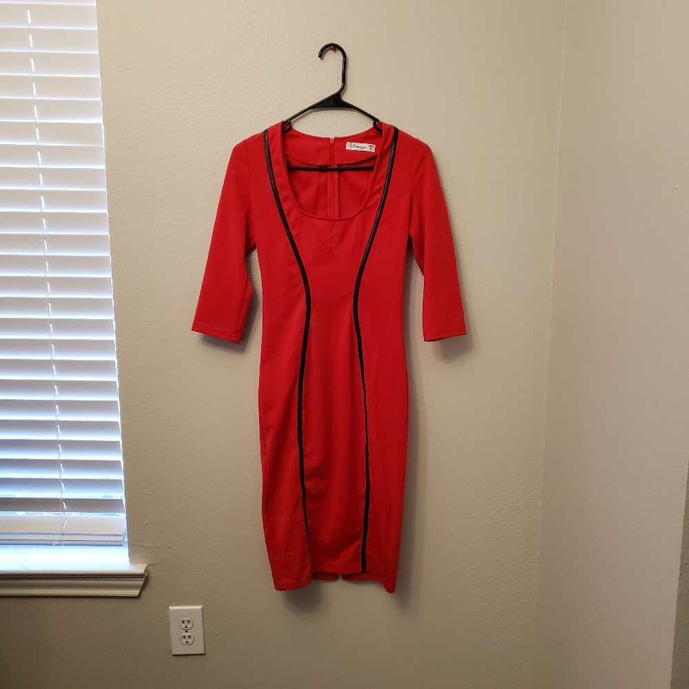 VfEmage Women's Red Dress with Black Trim